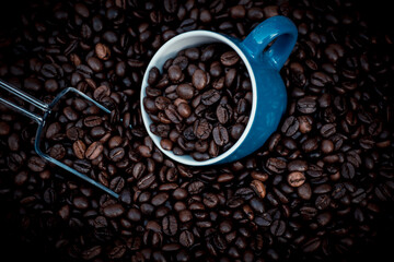 Fototapeta premium blue coffee cup filled with black coffee beans and surrounded by them