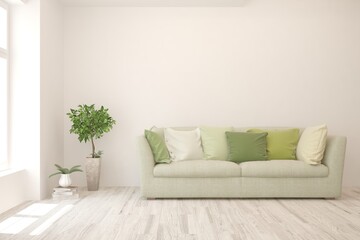 White living room with sofa. Scandinavian interior design. 3D illustration