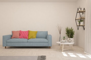White living room with sofa. Scandinavian interior design. 3D illustration