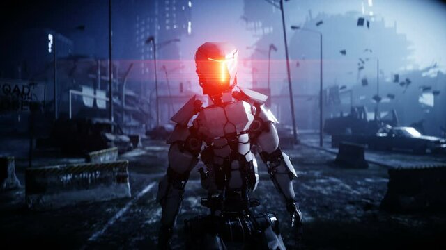 Military robot in destroyed city. Future apocalypse concept. Realistic 4k animation.