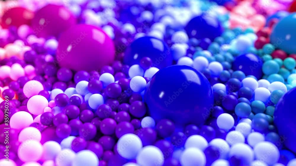 Poster light composition with colorful balls that cover surface, some of which glow. 3d in 4k abstract background with flowing animation of spheres with depth of field