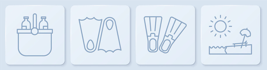 Set line Cooler bag and water, Rubber flippers, Rubber flippers and Beach with umbrella and chair. White square button. Vector © Vadim