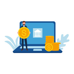 man avatar with laptop and bank vector design