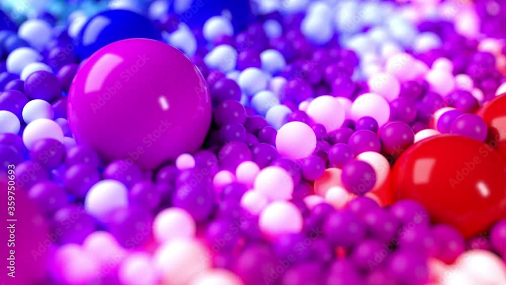 Poster light composition with colorful balls that cover surface, some of which glow. 3d in 4k abstract back