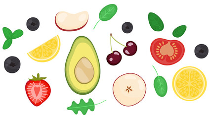 flat design healthy eating and fresh diet ingredient concept illustration decoration flat lay top view isolated on white background. strawberry,lemon,tomato, cherry, avocado, apple,blueberry.