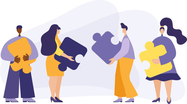 Business concept. Team metaphor. People connecting puzzle elements. Vector illustration of a flat design style. Symbol of teamwork, cooperation, partnership