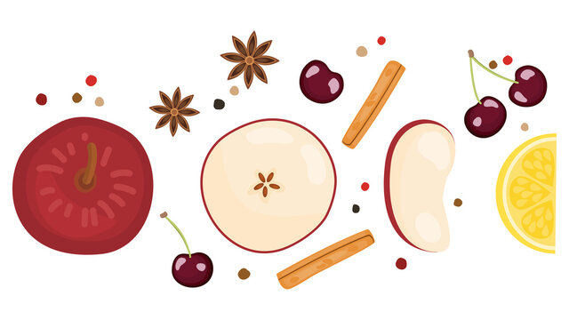 Top view fruit and herb, spice, ingredients, recipe illustration in theme of healthy food of winter and fall season. Red apple, cherry, lemon, cinnamon, star anise, pepper Isolated on white background