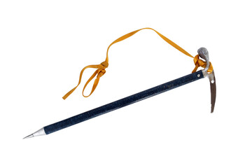 Vintage mountain climbing ice axe on white.