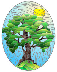 Naklejki  Ilustracja w stylu witrażu z zielonym drzewem na tle nieba i słońca, owalny obraz