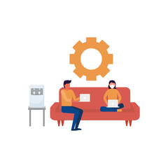 Woman and man with mask on couch and gear vector design