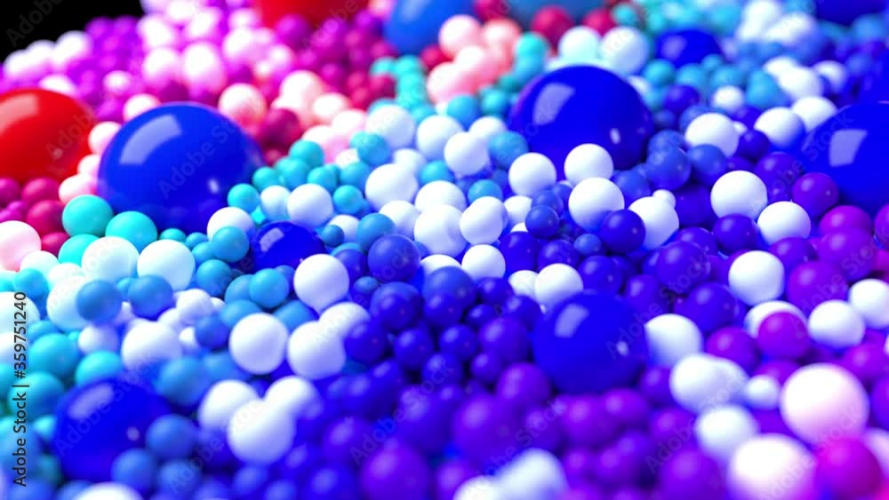 Poster light composition with colorful balls that cover surface, some of which glow. 3d in 4k abstract back
