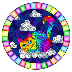 Stained glass illustration with cartoon rainbow cat on the background of night sky and clouds, oval image in bright frame