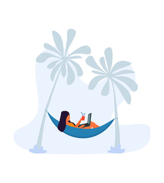 Vector illustration of a young girl in a bathing suit lying in a hammock. Character watching a movie on laptop. Traveling and tourism holidays paradise journey or trip.