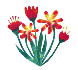 Gouache bouquet of flowers. Daisies and tulips. Manual screen printing technology. Illustration on a white background. Green and red colors. Great poster for home decoration.
