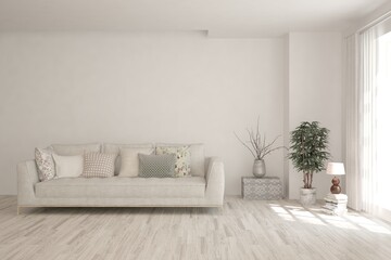 White living room with sofa. Scandinavian interior design. 3D illustration