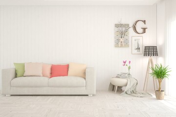 White living room with sofa. Scandinavian interior design. 3D illustration