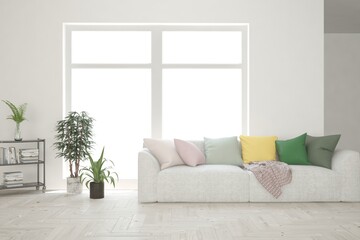 White living room with sofa. Scandinavian interior design. 3D illustration