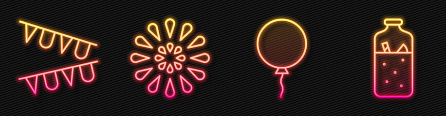 Set line Balloon with ribbon, Carnival garland with flags, Firework and Mulled wine. Glowing neon icon. Vector.