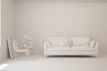 White minimalist living room with sofa. Scandinavian interior design. 3D illustration