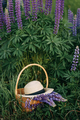 wicker basket with hat and lupins