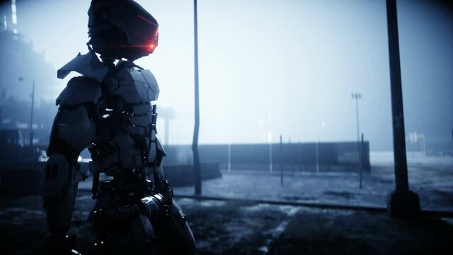 Military robot in destroyed city. Future apocalypse concept. Realistic 4k animation.