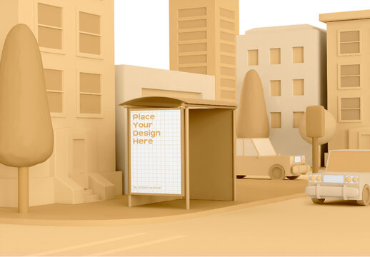 Cartoon City with Bus Stop Advertising Mockup