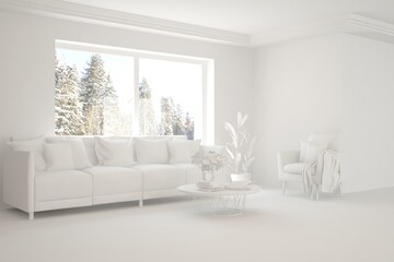 Fototapeta premium White minimalist living room with sofa. Scandinavian interior design. 3D illustration