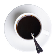 White cup of coffee and saucer with teaspoon on white background isolation, top view