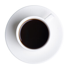 White cup of coffee and saucer on white background isolation, top view