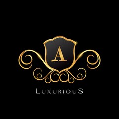 Golden Luxurious Letter A logo, elegance vector design concept shield shape with initial letter logo icon for luxury business identity.