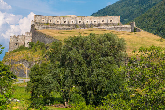 Exilles, Italy - August 21, 2019: The Exilles Fort is a fortified complex in the Susa Valley, Metropolitan City of Turin, Piedmont, northern Italy