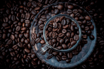 coffee beans in a cup and around the cup