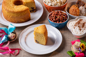 June party. Typical sweets from festa junina. Cornmeal cake, popcorn, hominy, paçoca, cocada, pumpkin jam, and peanuts