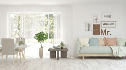 White living room with sofa and summer landscape in window. Scandinavian interior design. 3D illustration