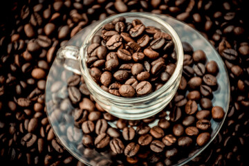 coffee beans in a cup and around the cup