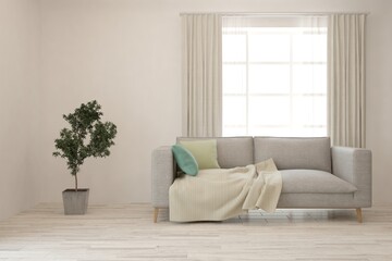 White living room with sofa. Scandinavian interior design. 3D illustration