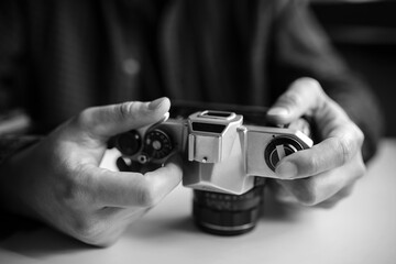 Man's hands set up a pentax retro film camera. Black and white