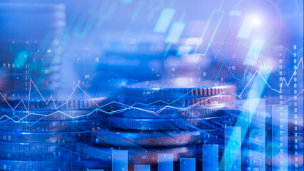 inancial investment concept, Double exposure of city night and stack of coins for finance investor, Forex trading candlestick chart, Cryptocurrency Digital economy. background for invest, recession.