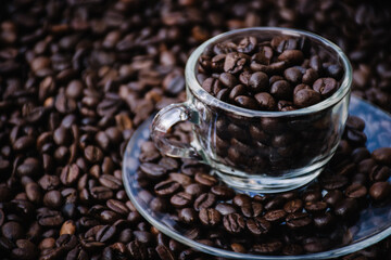 coffee beans in a cup and around the cup