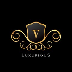 Golden Luxurious Letter V logo, elegance vector design concept shield shape with initial letter logo icon for luxury business identity.
