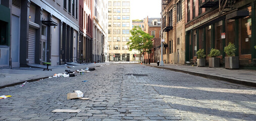 Empty view of Crobsy Street covered with trash in the NoHo neighborhood of Manhattan in New York...