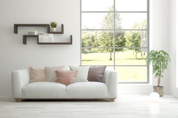 White living room with sofa and summer landscape in window. Scandinavian interior design. 3D illustration