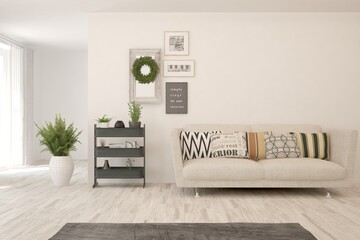 White living room with sofa. Scandinavian interior design. 3D illustration