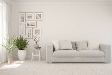 White living room with sofa. Scandinavian interior design. 3D illustration