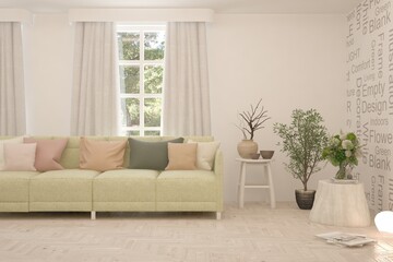 White living room with sofa and summer landscape in window. Scandinavian interior design. 3D illustration