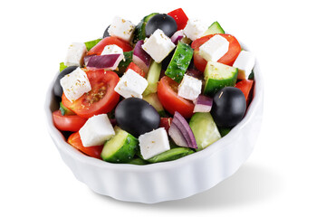 Greek Salad in a bowl on a white isolated background