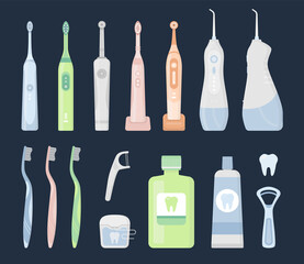 Big flat vector illustration set of oral care hygiene products and dental cleaning tools on dark background. Electric toothbrush, paste, floss, oral irrigator, waterpick, mouthwash, tongue scraper