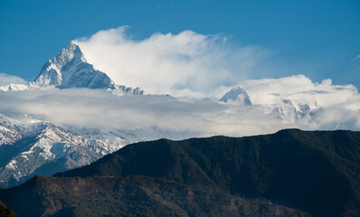 The Annapurna massif in the Himalayas covered in snow and ice Nepal Asia