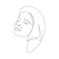 One line woman drawing face. Minimalism art. Female contour portrait. Continuous line vector illustration isolated on white background