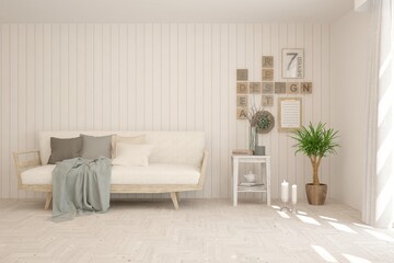 White living room with sofa. Scandinavian interior design. 3D illustration